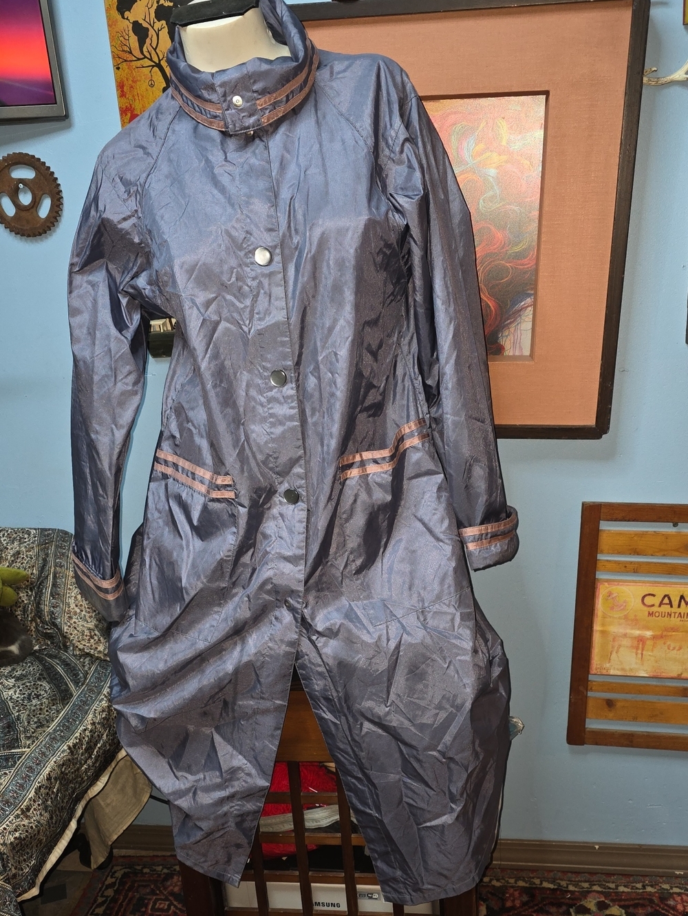 totes Metallic Navy Trench Coat with Contrast Trim